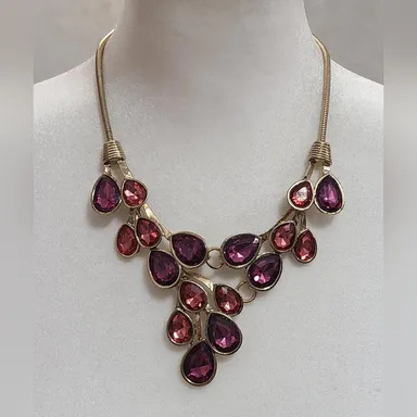 Erica Lyons Gold Tone Pink & Purple Stone Statement Necklace