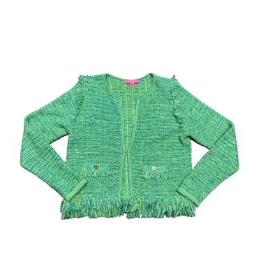 Lilly Pulitzer Simora Fringe Cardigan Bright Green Tweed Jacket Medium