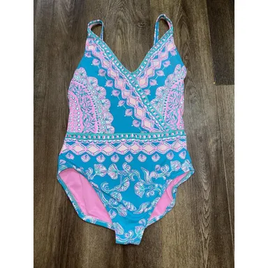 Lilly Pulitzer Shiloh Turquoise Teal One Piece Swimsuit Women's Size 10