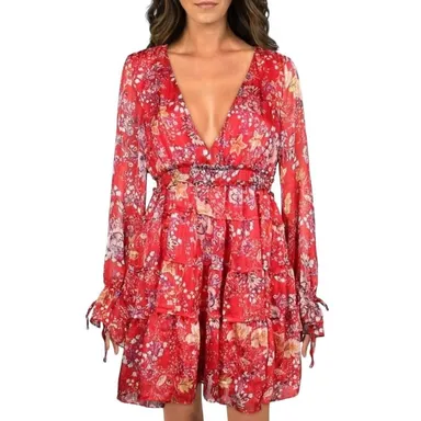 FREE PEOPLE Closer To The Heart Red Floral Ruched Boho Peasant Dress ~ MEDIUM