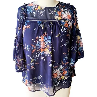 LUCKY BRAND Boho Blue Floral Bohemian Pullover Peasant Blouse ~ Women's SMALL