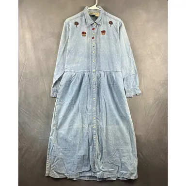 Northern Reflection Vintage 80s Embroidered Apple Orchard Denim Maxi Dress Small