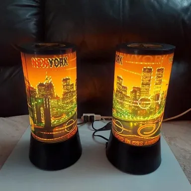 NYC TWIN TOWERS STATUE OF LIBERTY SKYLINE 12" ROTATING MOVING LIGHTS  CYLINDERS
