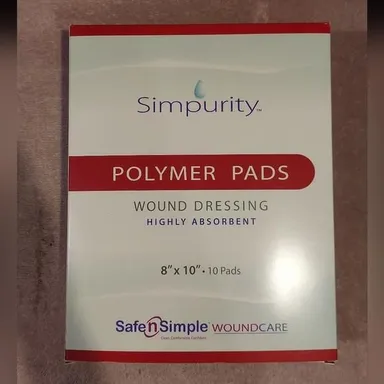 BRAND NEW BOX SIMPURITY HIGHLY ABSORBENT 10pk POLYMER PADS WOUND DRESSING 8"x10"