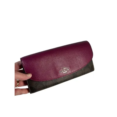 Coach Pebble Leather Long Wallet Signature C Brown & Berry Magenta ** READ**