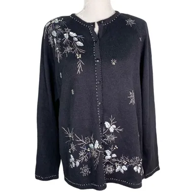 Stitches in Time Sweater Large Black Embroidery Button Down Beading New
