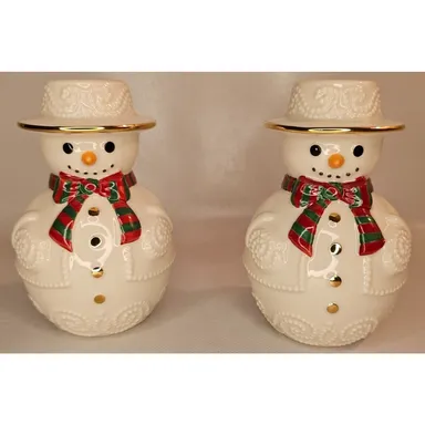 Pair Of Lenox Snowman Taper Candlestick Holders In Original Box