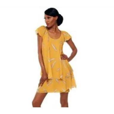 KZ By Karen Zambos Feather Print Layered Mini Dress Scoop Neck Yellow Medium