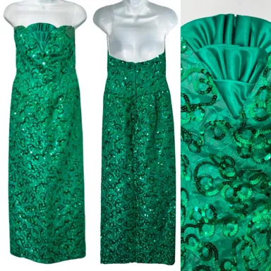 Vintage 80s Emerald Green Lace Sequin Midi Strapless Dress 6 Ruffle Mike Benet