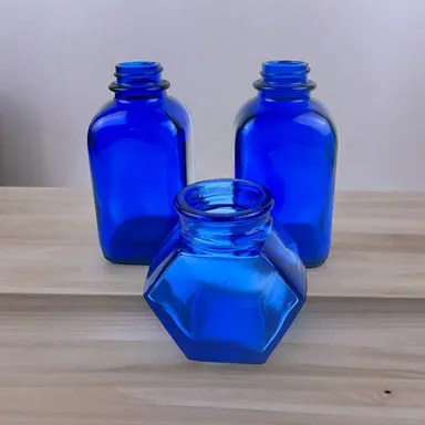 Lot of 3 Small Cobalt Blue Bottles Vintage Ink Medicine Glass