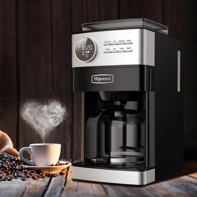 Hipresso Programmable Drip Coffee Maker with Burr Grinder, up to 12 Cups Black
