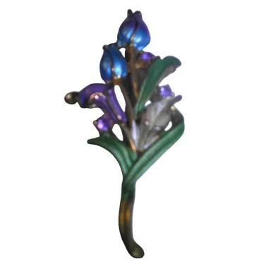 VTG Floral Bulbs Brooch w/ 3 Amethyst Colored Stones, Pastel Blue/Purple Bulbs
