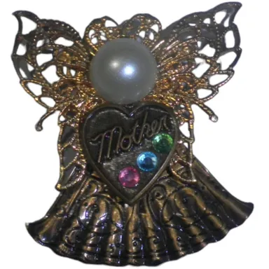 Vintage Angel Mother Brooch w/ 3 Colored Stones, Pink/Blue/Green & Pearl
