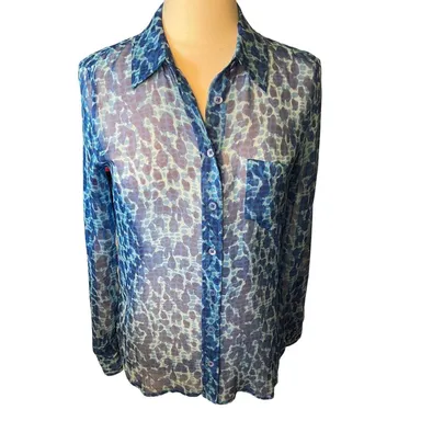 Equipment Femme Leopard Print Silk Button Up Blouse Blue Sheer Women’s Medium