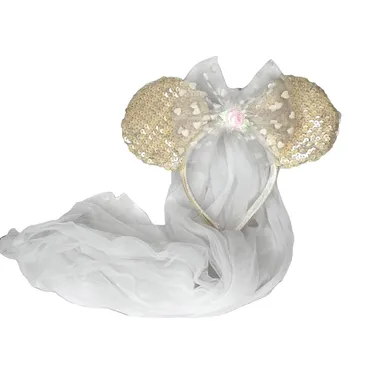 Disney MINNIE MOUSE WEDDING VEIL Iridescent Sequin White Lace Heart Pink Flower 