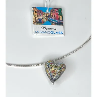 NEW Murano Glass HEART NECKLACE Gold Foil Dyadema on 925 Silver Wire Wrap Chain