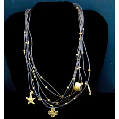 7 Strand Leather Brass Bead Sterling Gold CHARM NECKLACE 17" Clover Star Nugget