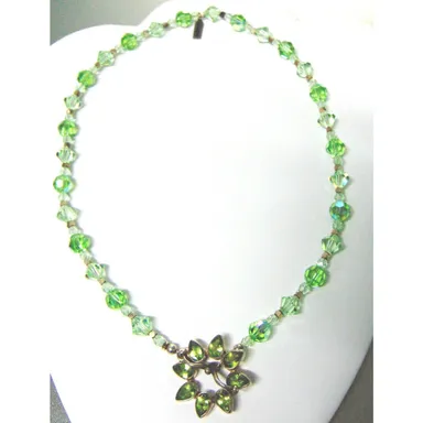 VTG Paige Wallace 18" NECKLACE Green Glass Bead Sterling Silver Peridot Flower!