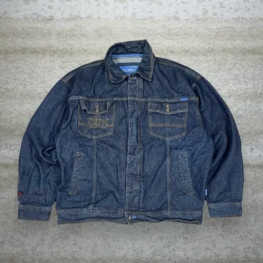 Vintage Fubu Jean Jacket Mens XL Dark Wash Denim Button Up Skater Y2K