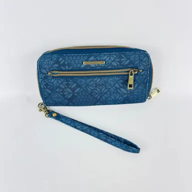 Travelon Blue Print Fabric Zip Around Clutch Wallet
