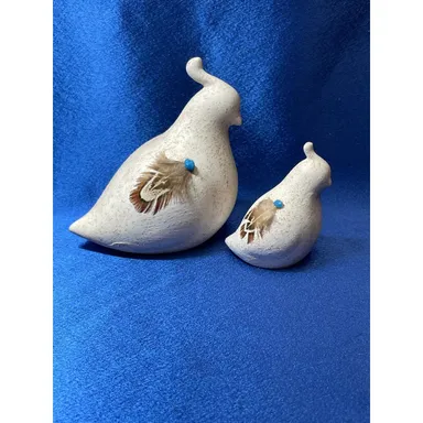 Pair of Ceramic Quail Figurines Accented with Feather