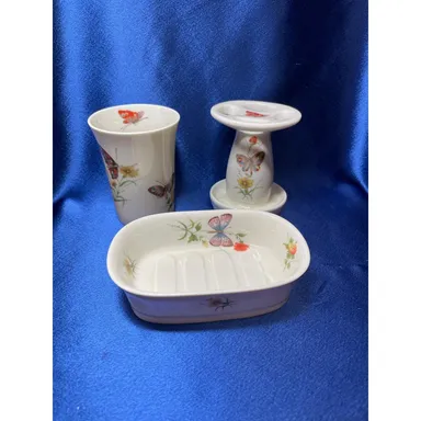 Three Piece DEW Takahashi Porcelain Bathroom Set Butterflies