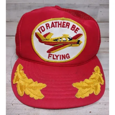Vintage I'd Rather Be Flying Patch Otto Mesh Snapback Rope Golden Leaf Hat Red