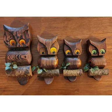 Carved Wood Owls (Set of 4)