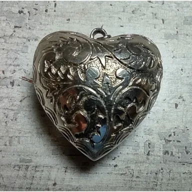 Vintage Silver Tone Etched Puffed Heart Necklace Pendant Floral Design 1.25"