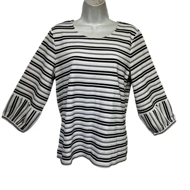 Calvin Klein Womens White Black Striped 3/4 Sleeve Scoop Neck Blouse Size M