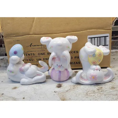 3 Vintage Home Interiors Homco Easter Bunnies Tumbling w Eggs NIB