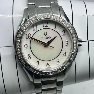 Bulova Silver Tone Mother Pearl Analog Watch WR St. Steel Working New Battery