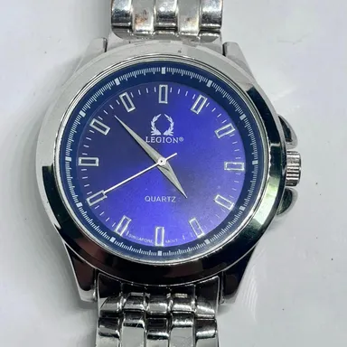 Legion Silver Tone Blue Dial Quartz St. Steel Men’s Watch Working New Battery