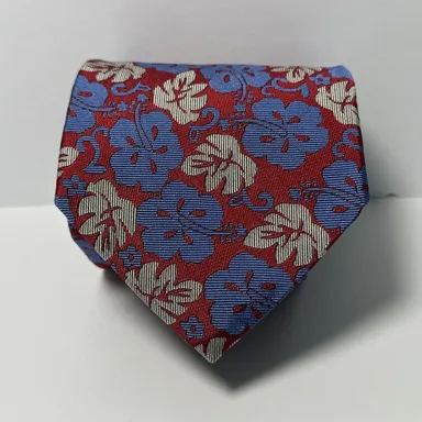 Brooks Brothers Makers Tie Necktie Red and Blue Floral 100% Silk 58" x 3.75"