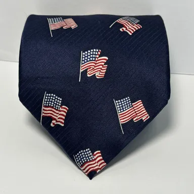Saturday Evening Post Tie Necktie Navy Blue American Flag 100% Silk 57" x 3.75"