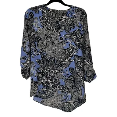The Limited Blue High-Low Tunic Top Blouse XS Long Sleeve Roll Tab