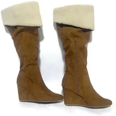 Massini Boots Women's Size 8.5 Faux Suede Knee High Slip On Brown Cognac 