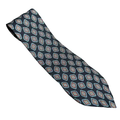 Vintage 80s Oscar de la Renta Navy Blue Diamond Pattern 100% Silk Tie Necktie