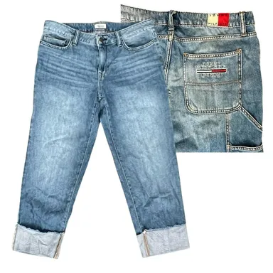 Tommy Hilfiger Copain Boyfriend Capri Cargo Jeans Size 8 Light Wash Logo Raw Hem