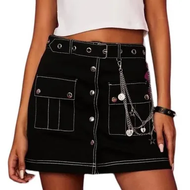 NWT ~ DOLL SKILL Bratz Black Short Cargo Pocket Snaps Belt Mini Skirt Womens XS