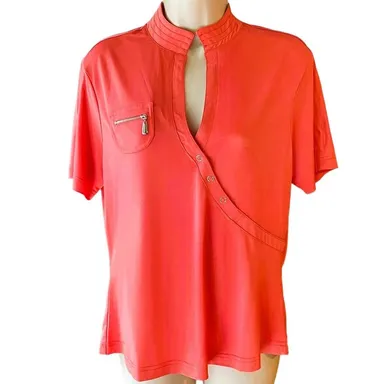 JAMIE SADOCK Coral Orange Golf Polo Snap Sleeves Zipper Pocket Top ~ Size MEDIUM