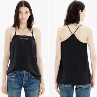 MADEWELL Silk Racerback Cami with Lace Insert in Black Size 2