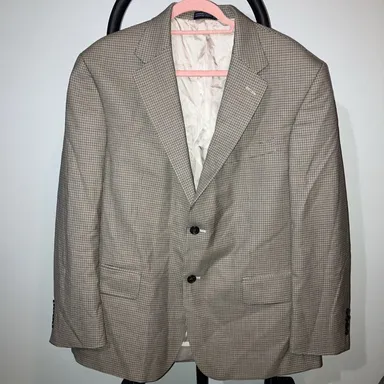 Nautica 44S Beige Blue Brown Tan Blazer Jacket Coat, Plaid Check Houndstooth