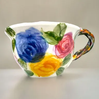 Anthropologie Style Floral Hand Painted Ceramic Coffee Mug Roses Flowers Signed