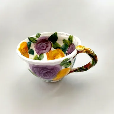 Anthropologie Style Floral Hand Painted Ceramic Coffee Mug Purple Yellow Signed