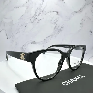 Chanel Glasses Frames Black Round Crystal & Gold CC Logo Rx-able