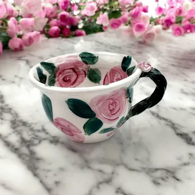 Anthropologie Style Floral Hand Painted Ceramic Coffee Mug Pink Roses Signed