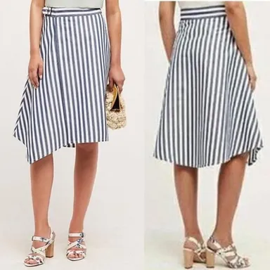 Anthropologie Maeve Sea Stripe Skirt 2 Blue White Asymmetrical Wrap Lined