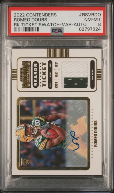 2022 Panini Contenders Rookie Ticket Swatches Romeo Doubs Autograph PSA 8