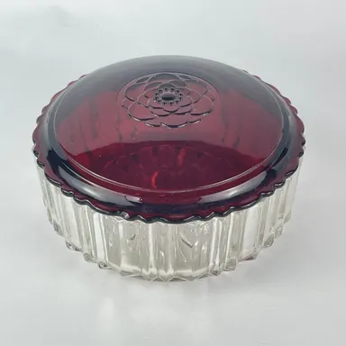 Anchor Hocking Powder Jar Clear Ribbed Ruby Red Rose Embossed Lid